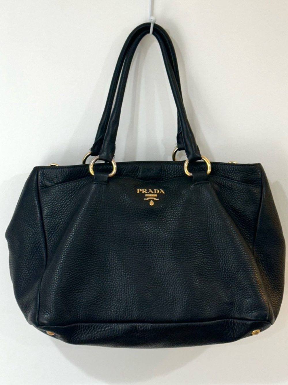 Authentic Prada Pebbled Leather Shoulder Tote Classic Black Gold Hardwear - Picture 2 of 16